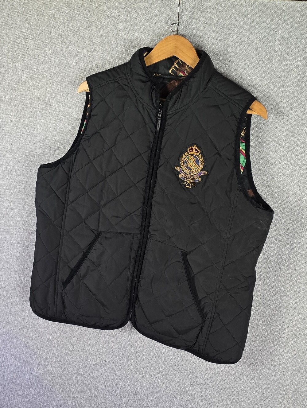 Vtg Lauren Ralph Lauren Reversible Equestrian Quilted Vest Black/Multi Color XL